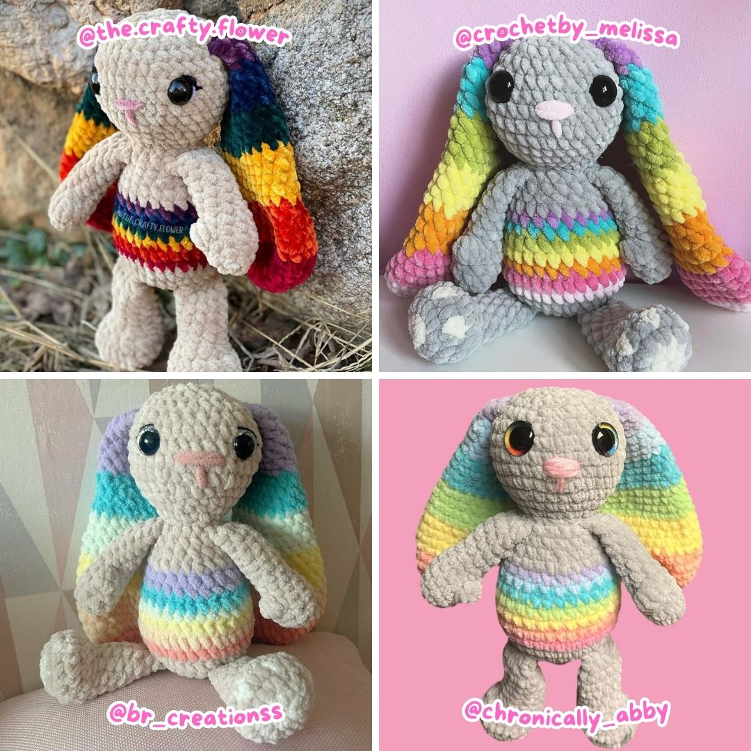 Crochet PATTERN: Rosie the Rainbow Bunny, LOW SEW (English)